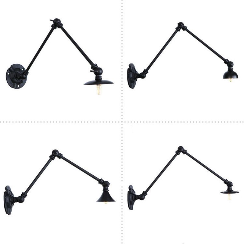 Extendable 2-Arm Iron Wall Light Warehouse 1-Light Studio Task Wall Lamp with Disc Shade in Black, 4"/12"/19.5" Long