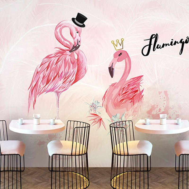Water-Resistant Flamingo Wall Decor Customized Nordic Mural Wallpaper in Pink for Coffee Shop