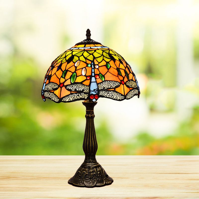 Dragonfly Table Light 1-Head Stained Art Glass Tiffany Night Lamp in White/Yellow/Orange for Living Room