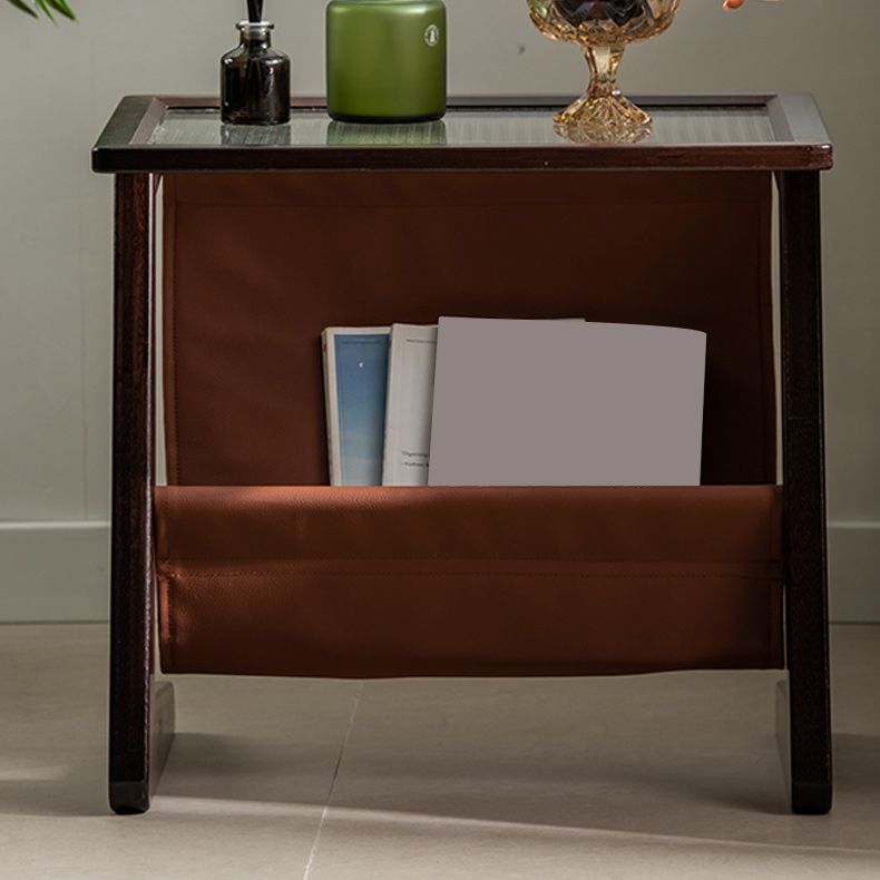 Modern Rectangle Glass Top Side Table Wood Abstract base End Table with Magazine Holder