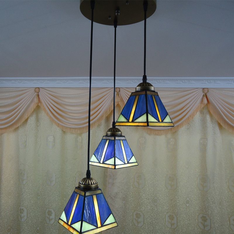 Trapezoid Hanging Pendant Light Stained Art Glass Mission Style Down Lighting in Blue