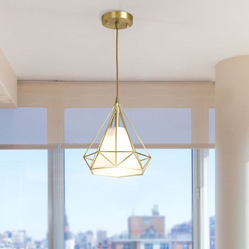 Messing diamant kooi hanglampverlichting eenvoud 1 hoofd metalen plafond suspensielampje met binnenste vlasstoffen schaduw