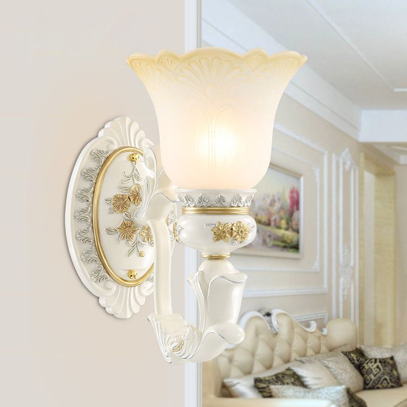 Rustic Blossom Shape Wall Mount Light Single Bulb Frosted Glass Wall Sconce with Carving Design in White