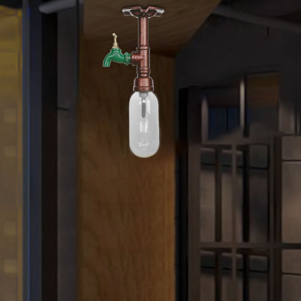 Weathered Copper Single Light Ceiling Lighting Industrial Clear Glass Capsule Shade Semi Flush Light with Pipe Design