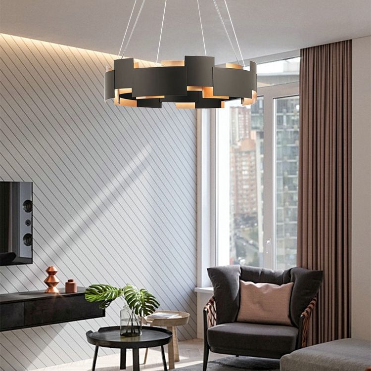 Living Room Chandelier Lighting Modern Black Hanging Ceiling Light with Circle Metal Shade