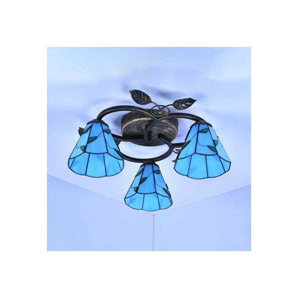 Geometric Ceiling Light Fixture with Pattern Tiffany Stained Glass 3 Lights Flushmount Ceiling Light in Bronze