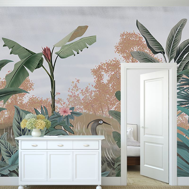 Tropical Botanical Leaf Wall Covering in Green Living Room Mural Wallpaper, Custom-Made