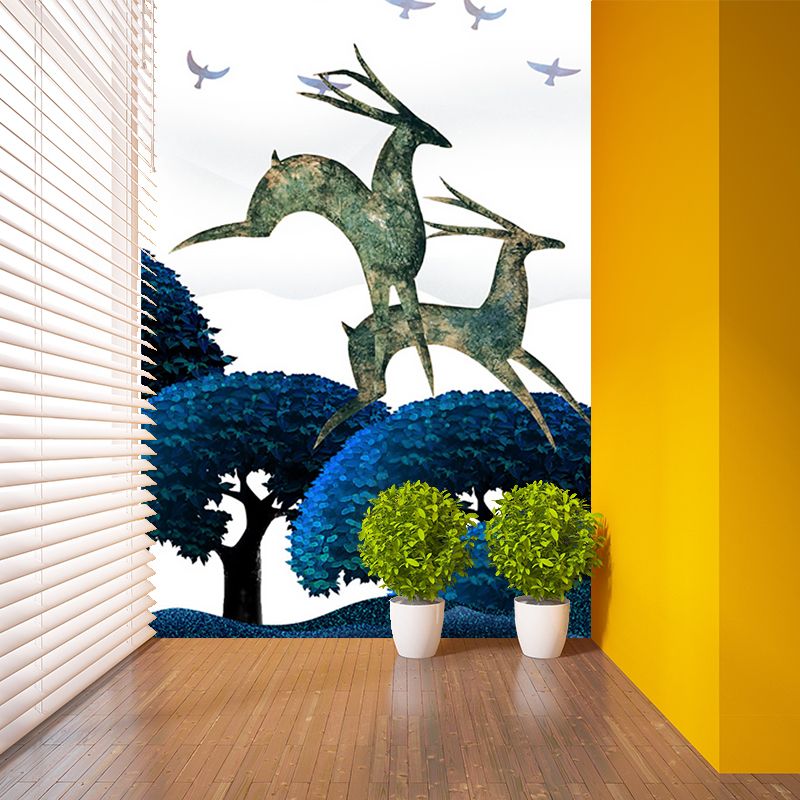 Scandinavian Deers Mural Wallpaper for Bedroom Customized Wall Covering in Blue-Green