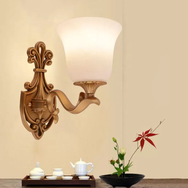 Alabaster Glass Bell Wall Sconce Antique 1/2-Light Tearoom Wall Mounted Lighting in Brass