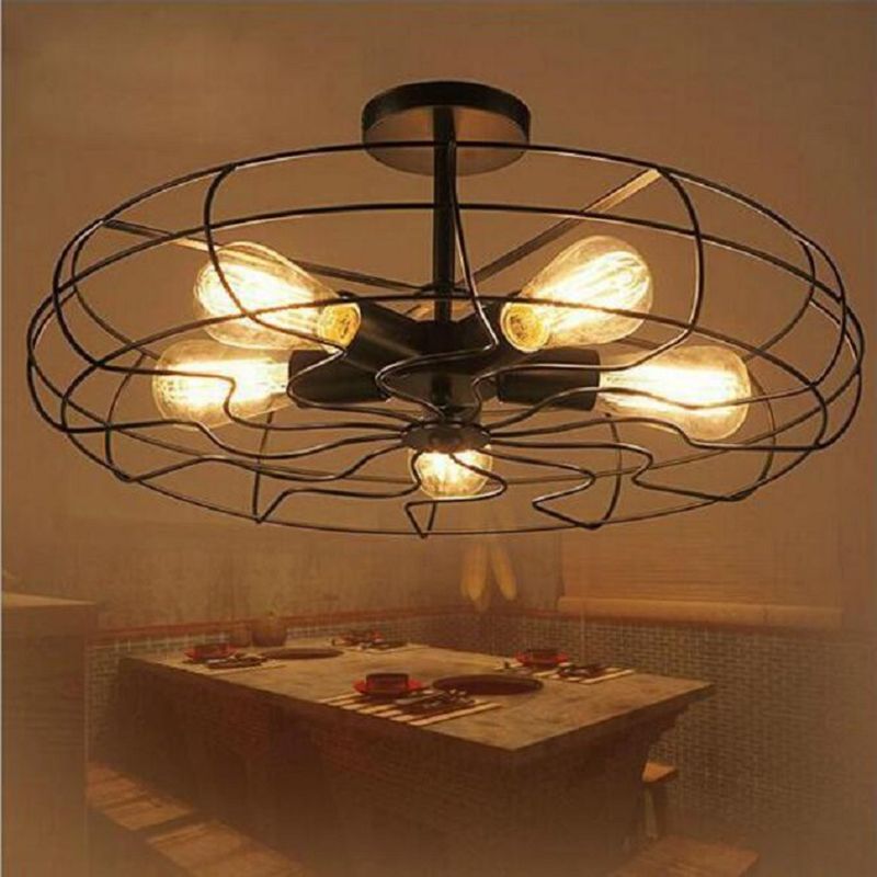 Montaje semi descarga negro de 5 luces en estilo industrial Luz de techo de hierro forjado para lugar comercial