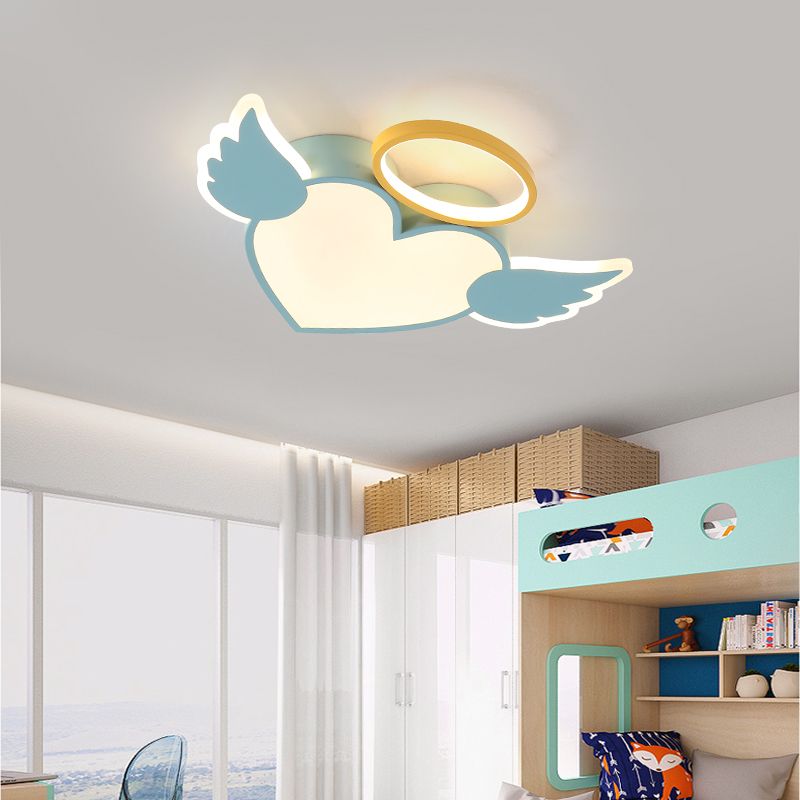 Metal Heart Shaped Flushmount Lamp Cartoon 19.5"/23.5" W LED Blue/Pink Ceiling Lighting with Acrylic Diffuser in Warm/White Light