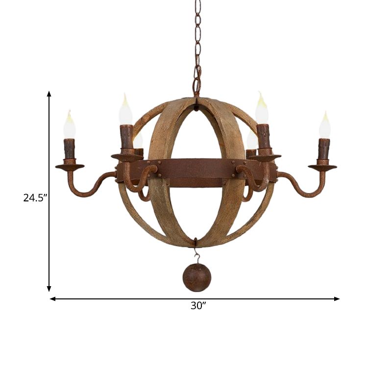 Luz de techo de madera de globo tradicional de 6/8 bombas Candelera colgante de comedor en marrón