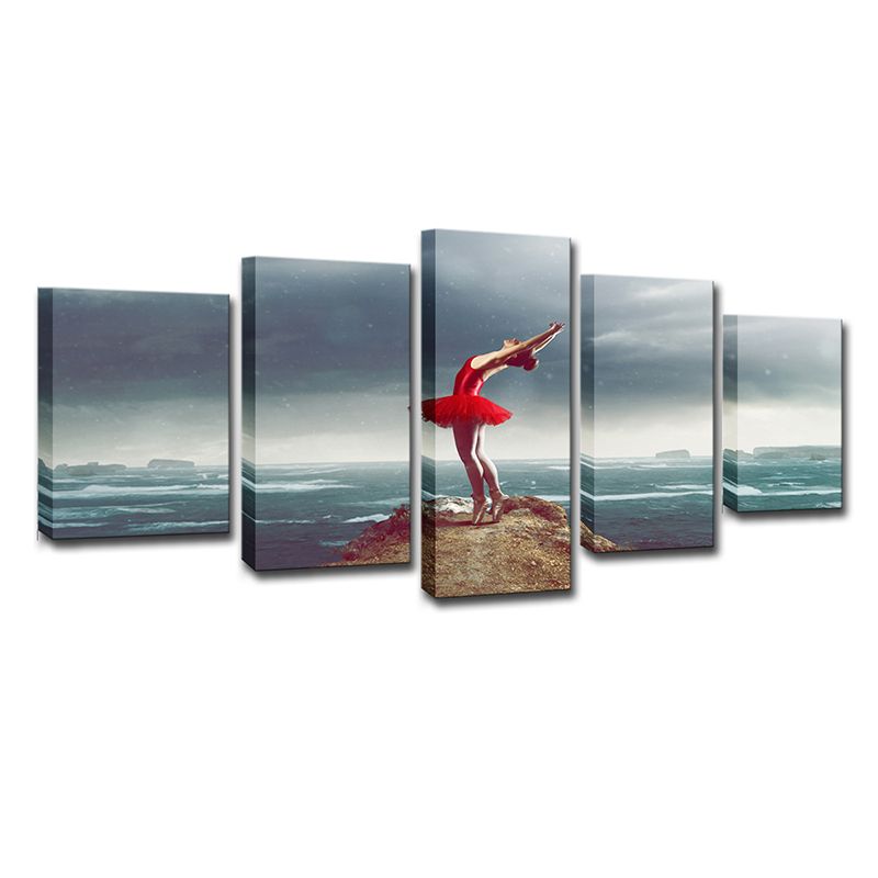 Glam Ballerina Wall Art Blue and Red Ocean Island Scenery Canvas for Living Room