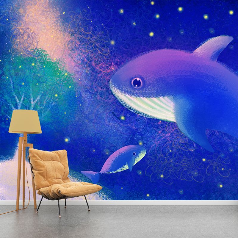 Blue-Purple Whales Wall Mural Starry Night Childrens Art Waterproof Wall Covering