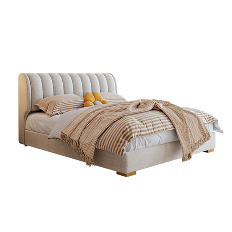 Beige Upholstered Headboard Bed Rectangular Panel Solid Wood Bed