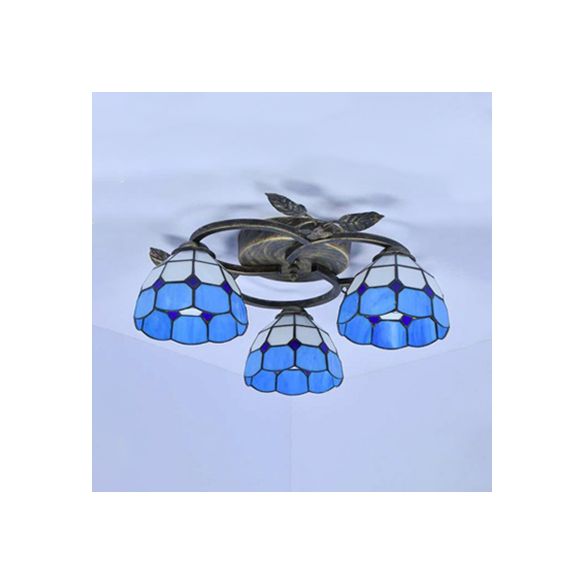Geometric Ceiling Light Fixture with Pattern Tiffany Stained Glass 3 Lights Flushmount Ceiling Light in Bronze