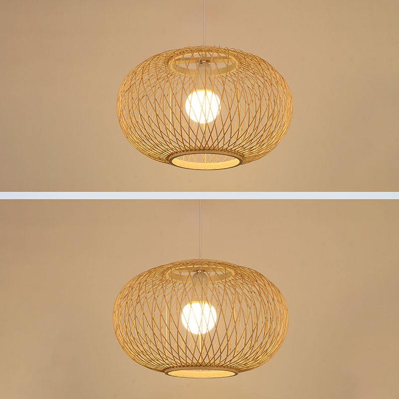Chinese Round Lantern Ceiling Light Beige Bamboo 1 Light Restaurant Hanging Pendant Lighting