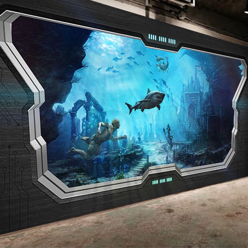 Modern 3D Undersea Mural Wallpaper in Dark Blur, Undersea Wall Covering for Meeting Room