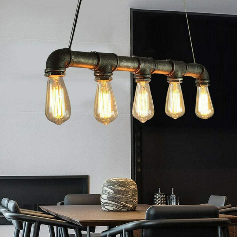 Steampunk Straight Pipe Pendant Light Fixture 5-Head Iron Island Ceiling Lamp in Rust