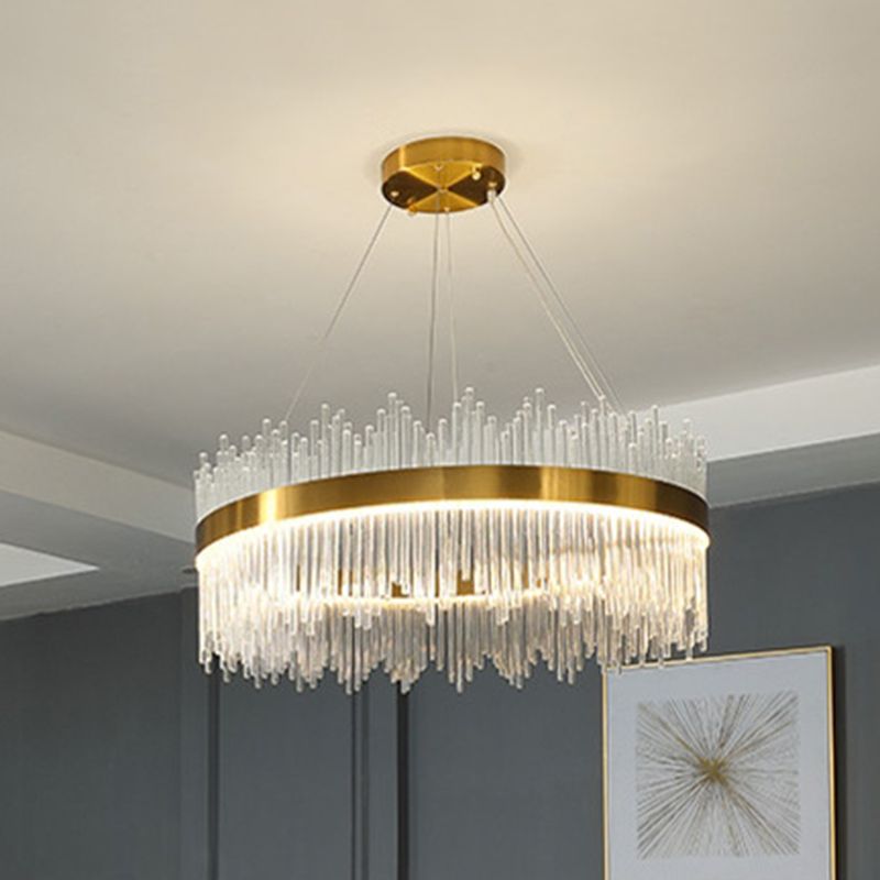 Crystal Rod Circle LED Suspension Light Artistic Gold Chandelier Light in Gold for Living Room