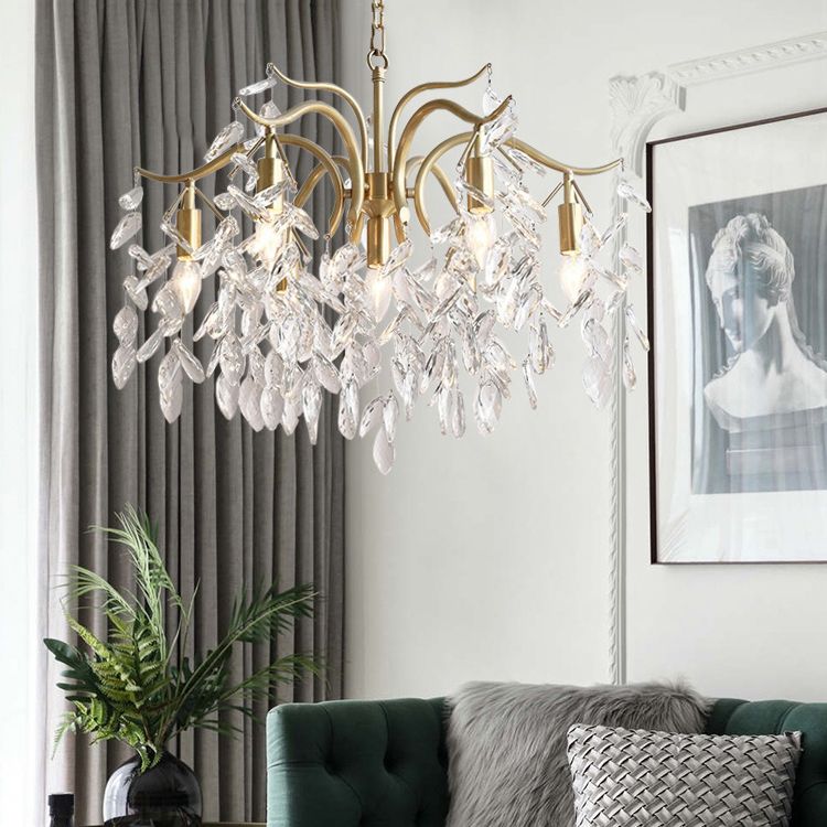 Crystal Branches Chandelier Light Fixture Rustic Living Room Pendant Chandelier in Gold