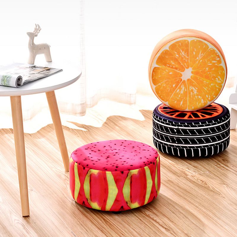 Round Pouf Upholstered Scratch Resistant Contemporary Fruit Printed Fabric Footstool