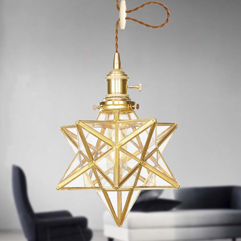 Star Shaped Pendant Lighting Postmodern Clear/Frosted Glass 1 Light Brass Hanging Light Kit with Adjustable Rope