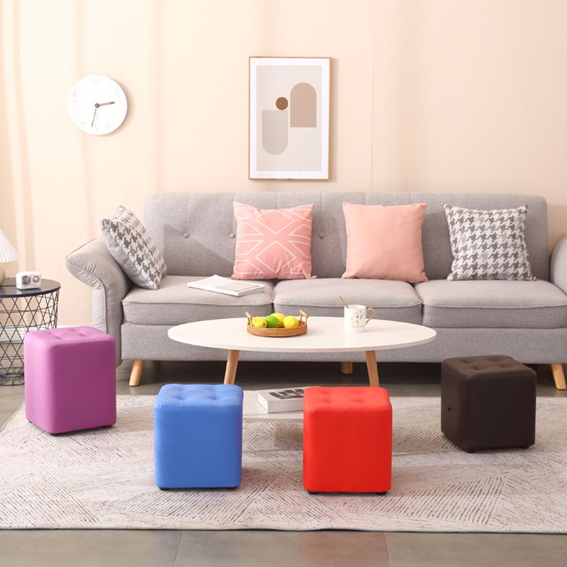 Mid-Century Modern Pouf Ottoman PU Leather Upholstered Tufted Solid Color Square Ottoman