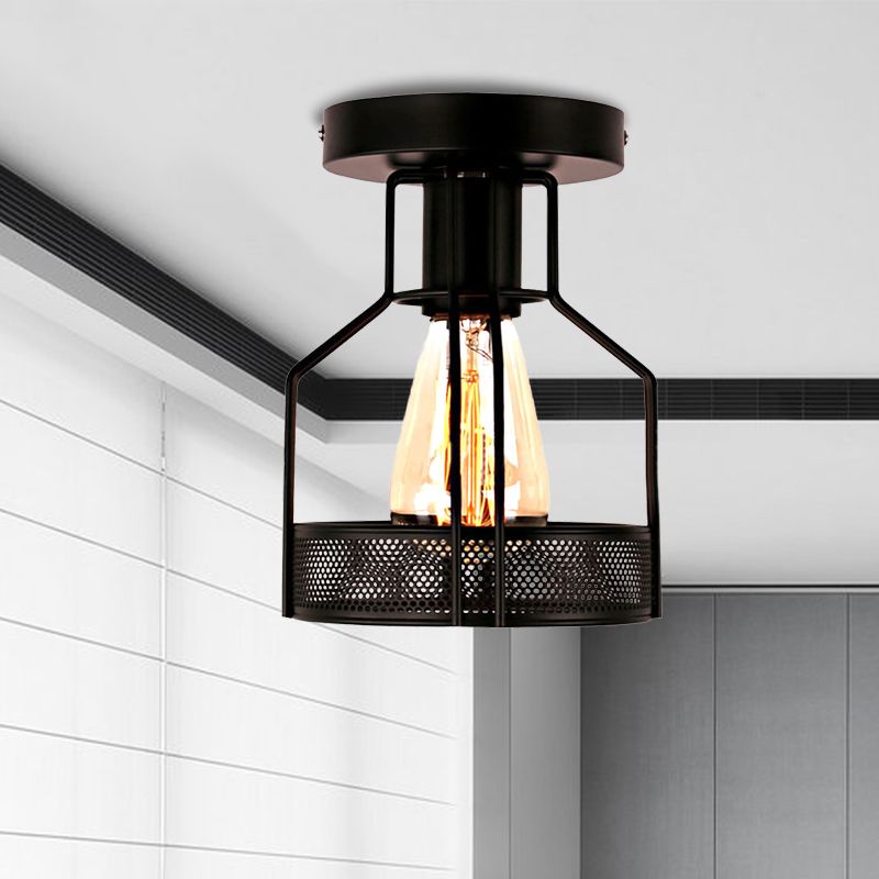 1 Head Cage Semi Flush Mount Light with Mesh Screen Industrial Loft Black Metal Ceiling Lighting for Dining Room