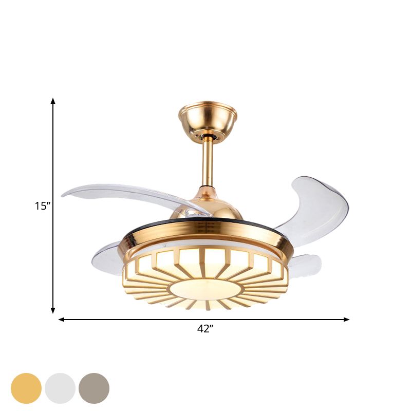 Minimalismus kreisförmiger Semi-Flush-Mount-Acryl-Wohnzimmer 4-Blade-LED-Anhänger Lüfter Licht in Silber/Weiß/Gold, 42 "W.