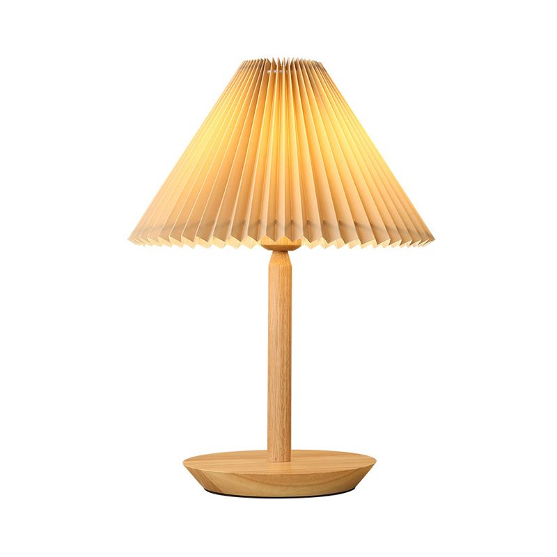 Geometric Table Light Modern Fabric Single Wood Nightstand Lamp in Beige for Bedroom
