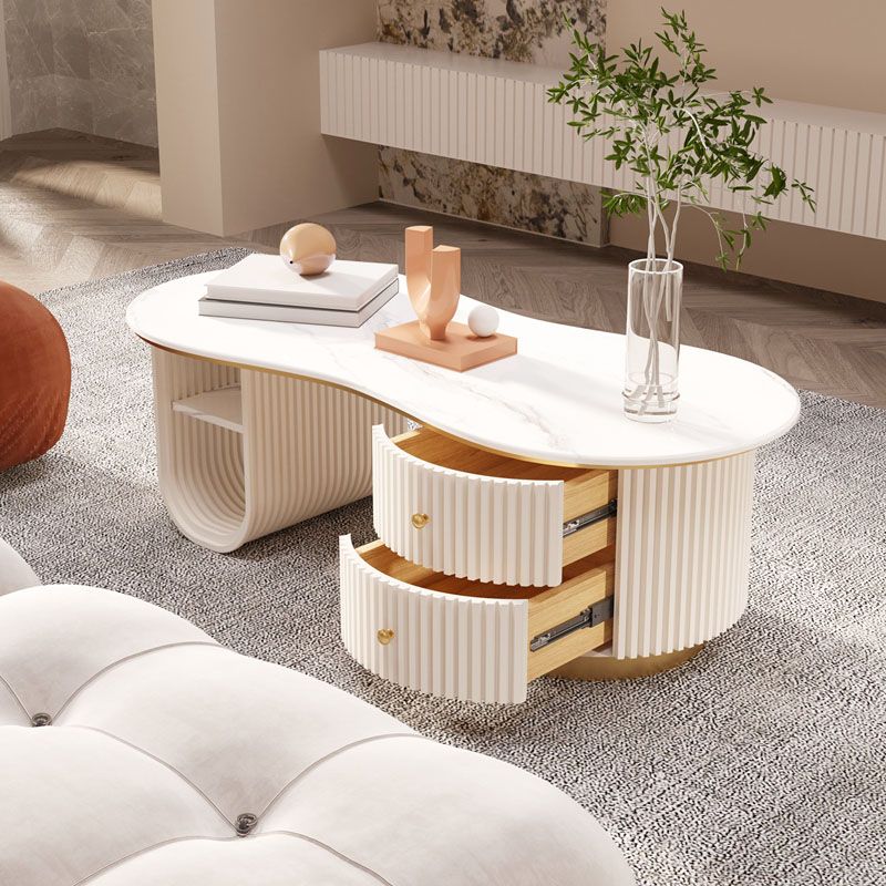 Modern Geometric Coffee Table with Drawer Stone Top Cocktail Table