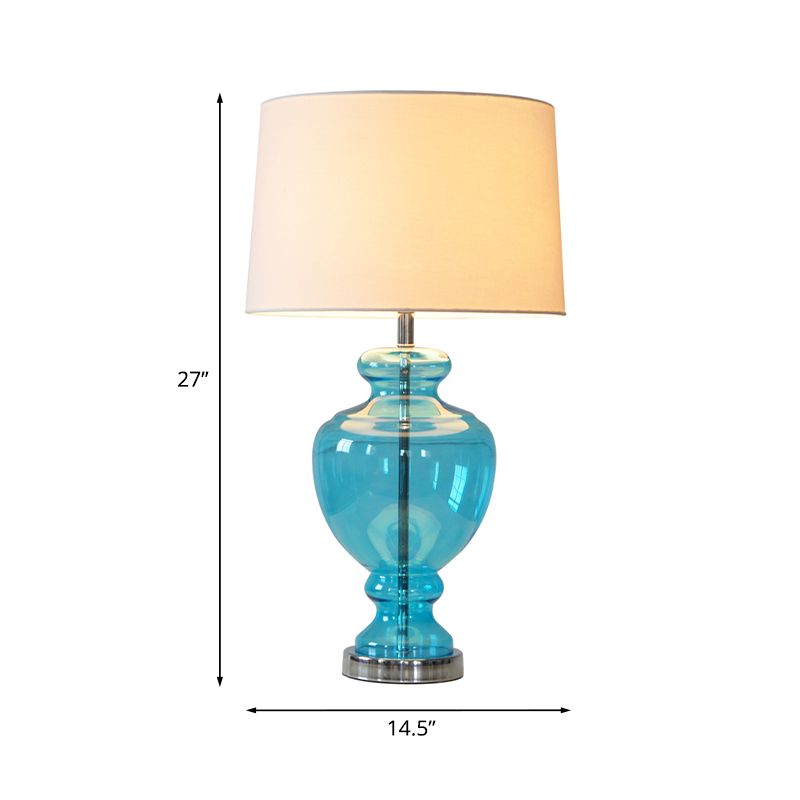 1 Head Table Lighting Retro Bedroom Nightstand Lamp with Urn Blue Glass Base and Drum Fabric Shade
