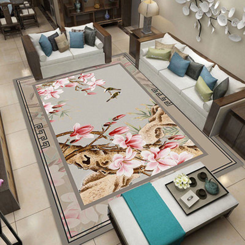 Light Color Oriental Indoor Rug Polyester Ink Branch Print Carpet Easy Care Rug for Home Decoration