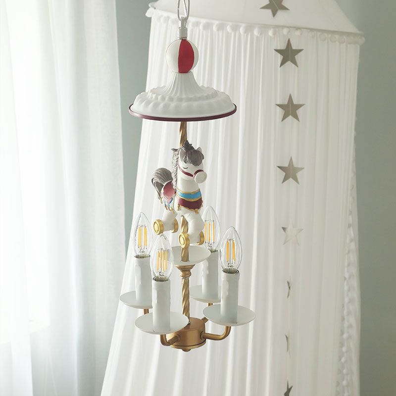 Kids Style Candle Chandelier Metal 4-Light Bedroom Hanging Lamp with Horse Top in White