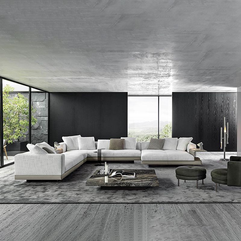 Contemporary Genuine Leather Sofa Square Arm Loose Back Sofa with Table