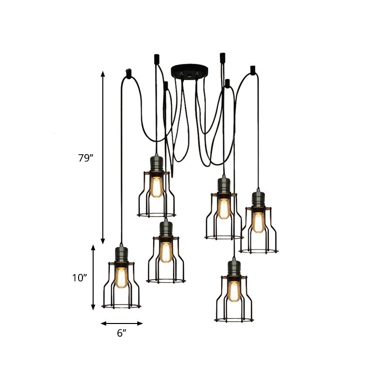 6/10 Bulbs Pendant Lamp Vintage Stylish Metal Swag Ceiling Fixture with Wire Guard in Black for Dining Room