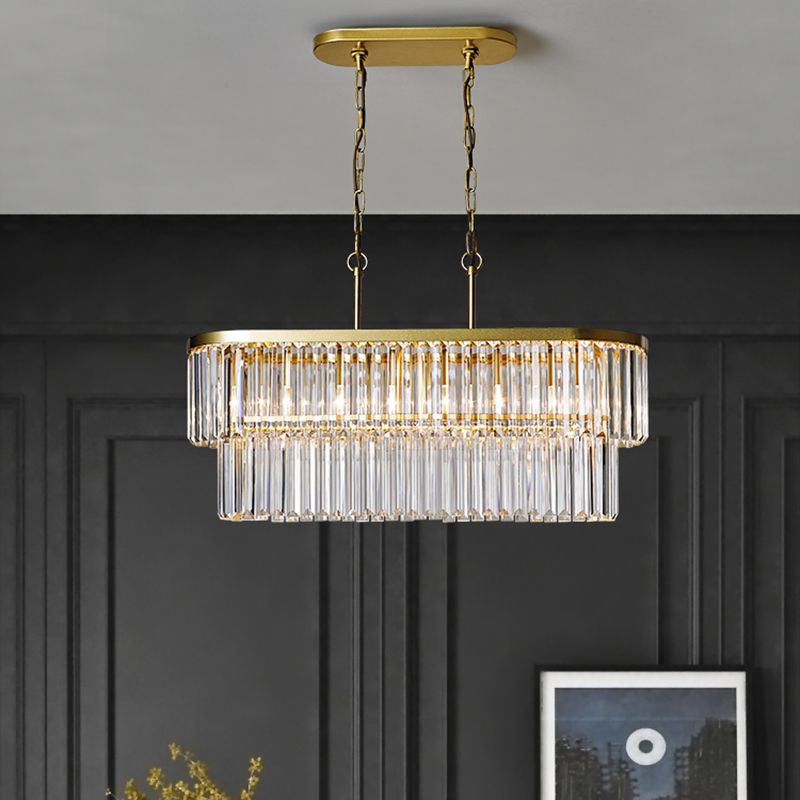 Postmodern Oval Island Ceiling Light 4 Heads Clear Three Sided Crystal Rod Suspension Lighting