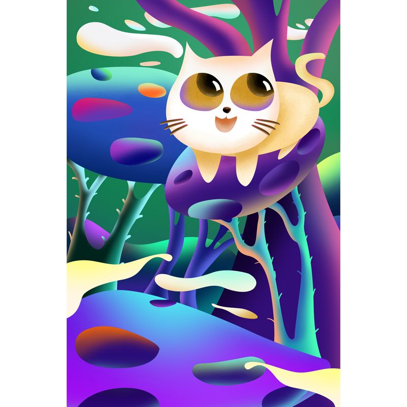 Kids Cat in Wilds Mural for Baby Room Custom Wall Art in Purple, Stain Resistant