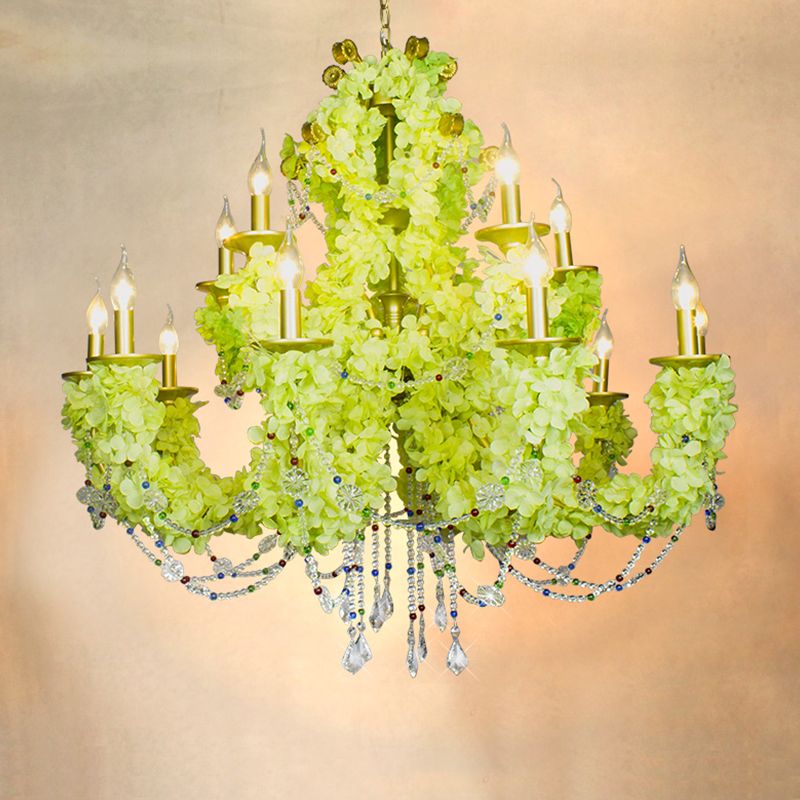 12 Lampenkerzenkerzen Anhänger Kronleuchter Vintage Gold Metall Pflanzen Suspension Licht mit Kristalldekoration