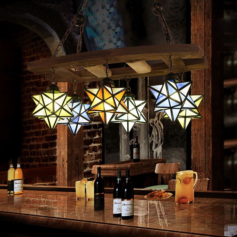 Multi Color Star Chandelier Stained Glass 6 Lights Rustic Loft Hanging Pendant Light in Rust for Bar