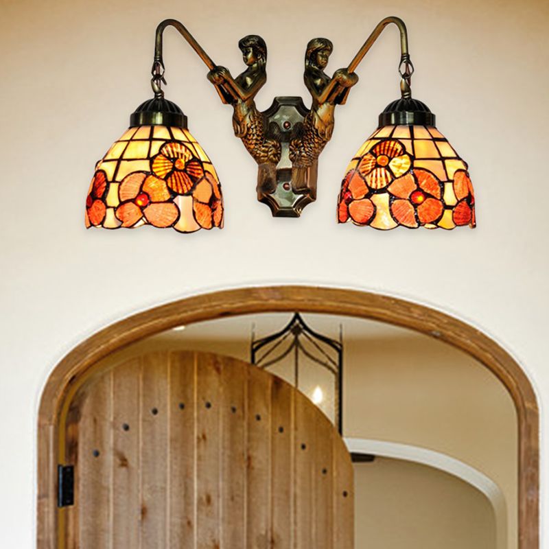 Pink Floral Wall Mounted Light Victorian 2 Lights Shell Sconce Light Fixture with Mermaid Decoration