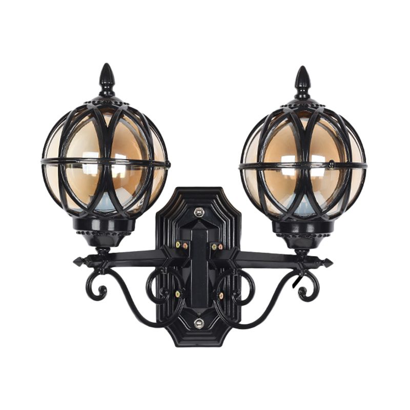 Black/Bronze Spherical Wall Lighting Ideas Country Amber Glass 2-Bulb Patio Surface Wall Sconce with Cage