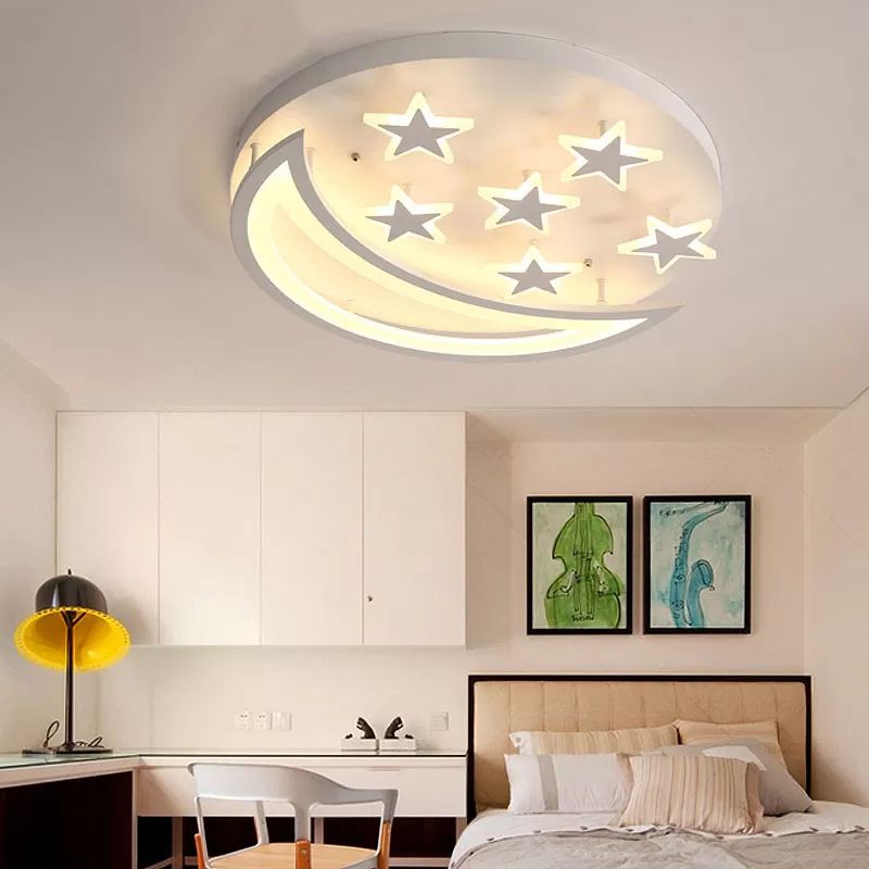 Metal Moon and Star Flush Ceiling Light Kid Bedroom Cartoon Ceiling Lamp in White Finish