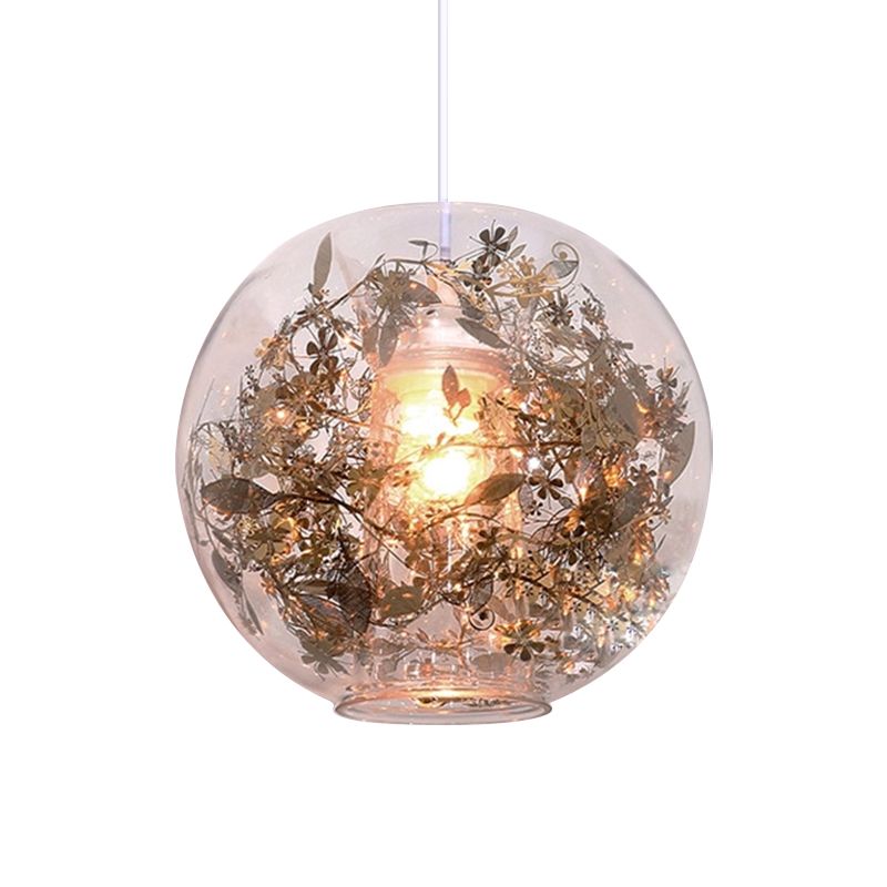 Globe Clear Glass Pendulum Light Modern 1 Head Silver/Gold Ceiling Hang Lamp with Scattered Flower Decor