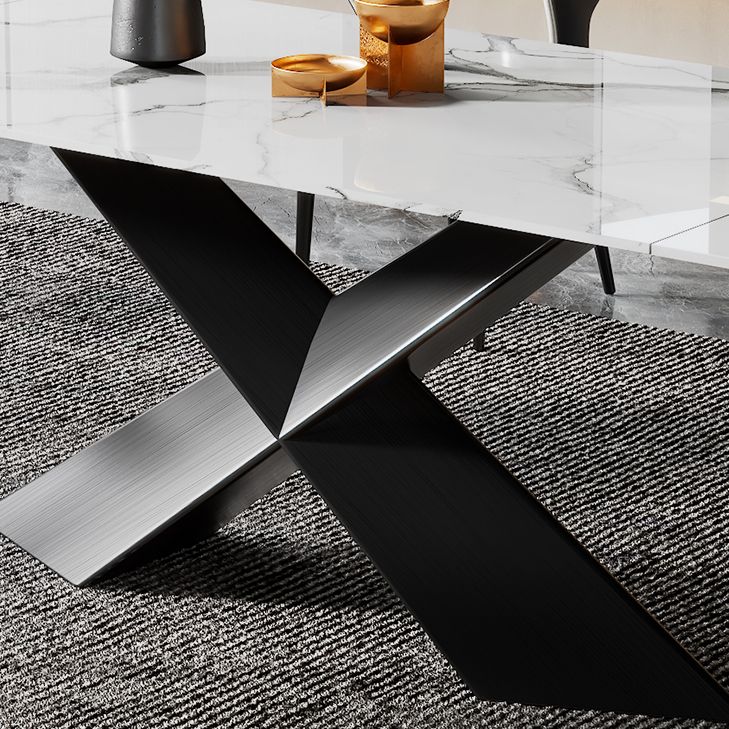 Modern Rectangular White Stone Top Dining Table with Black Steel Double Pedestal