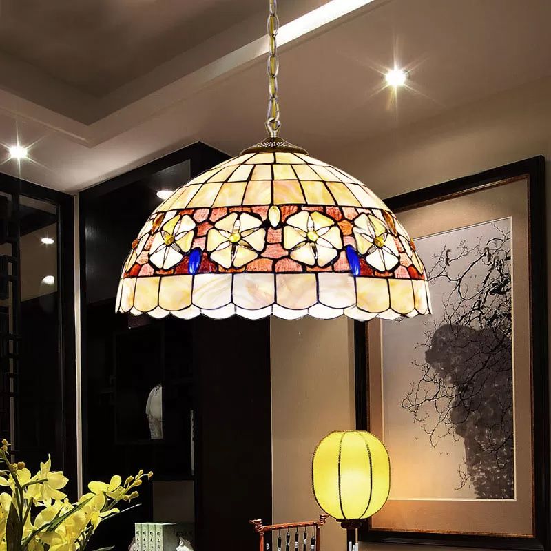 8"/12"/16" Wide Dome Suspension Lighting Victorian Shell Beige 1 Head Hanging Light Fixture