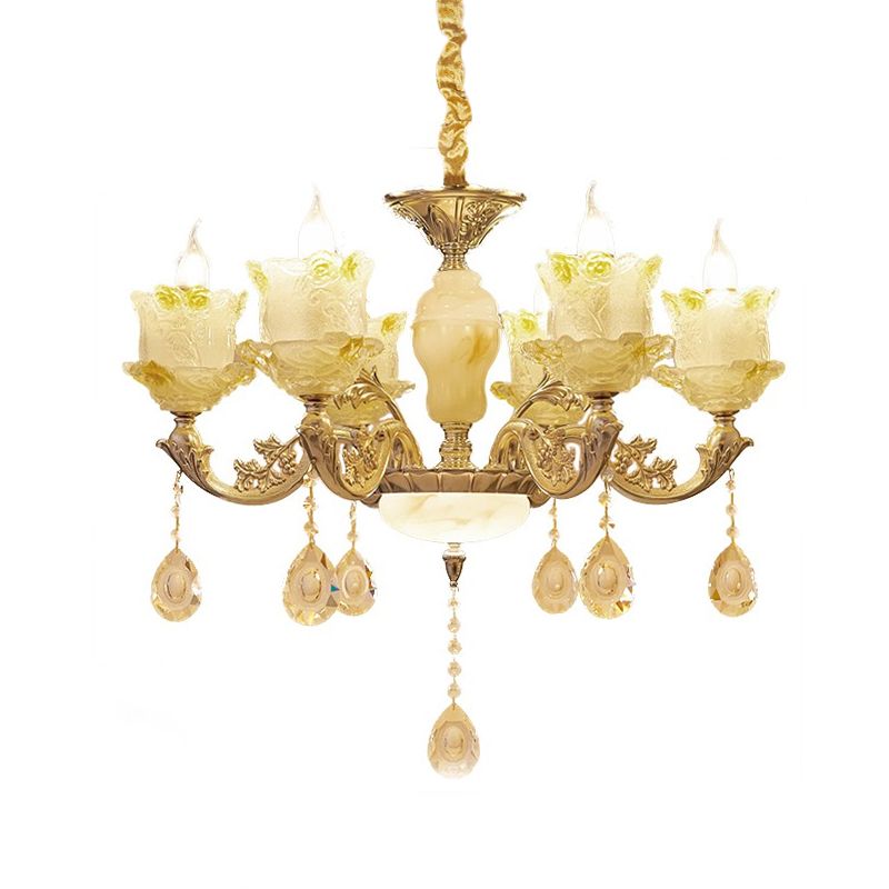 6 têtes Swirling Bras Chandelier Light Traditional Brass Crystal Bell Shade Pendant avec gouttes en verre transparent
