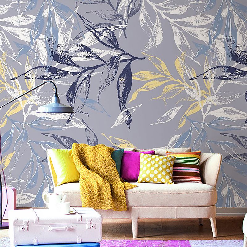 Big Illustration Classic Mural Wallpaper for Bedroom with Leaf and Branch in Grey and Blue