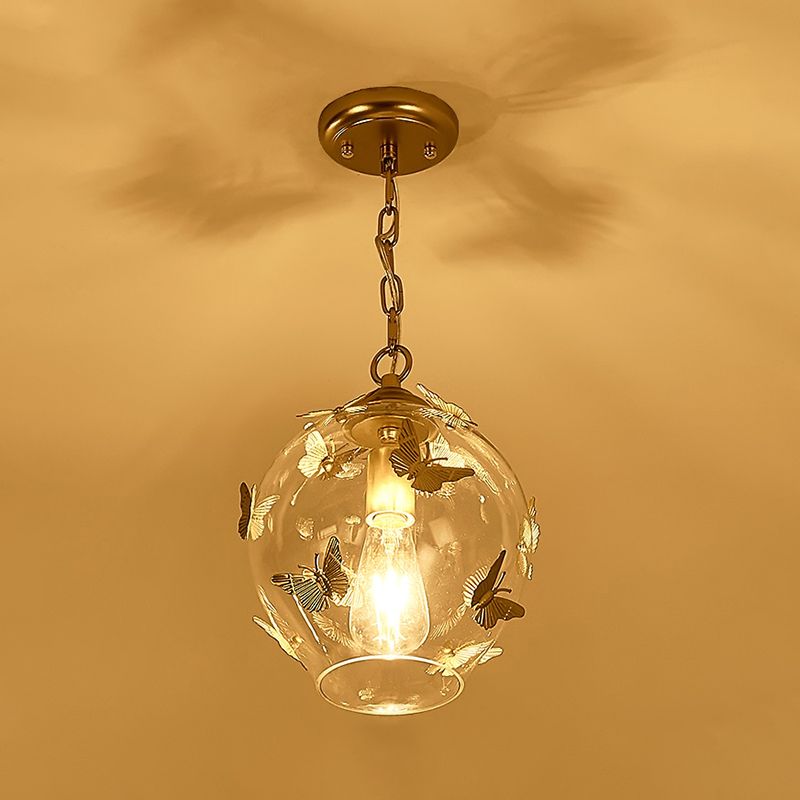 Contemporary Bud Drop Pendant Light Clear Glass 1-Light Bedroom Suspension Lamp with Butterfly Deco